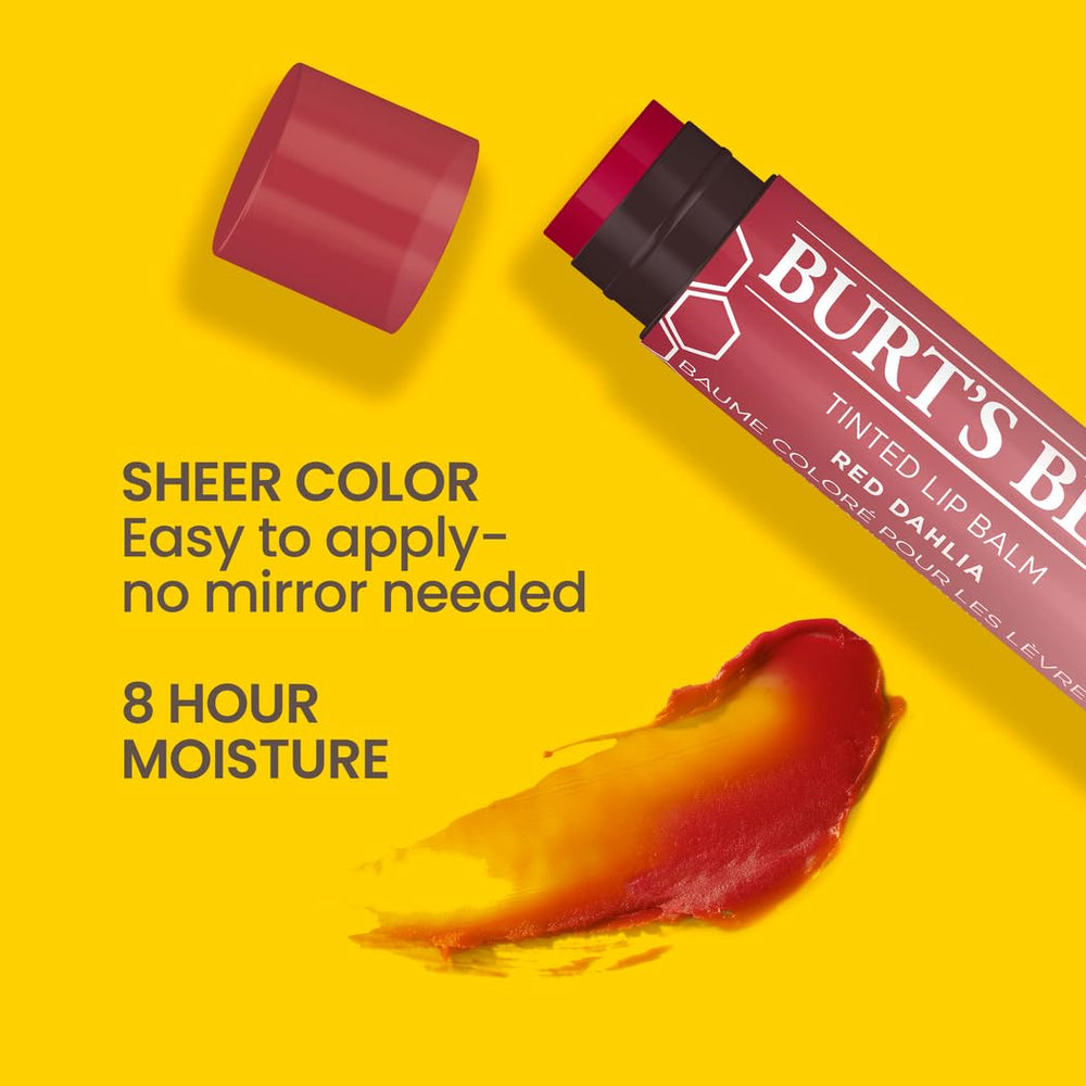 Burt's Bees Red Dahlia swatch shows rich pigment and smooth wear