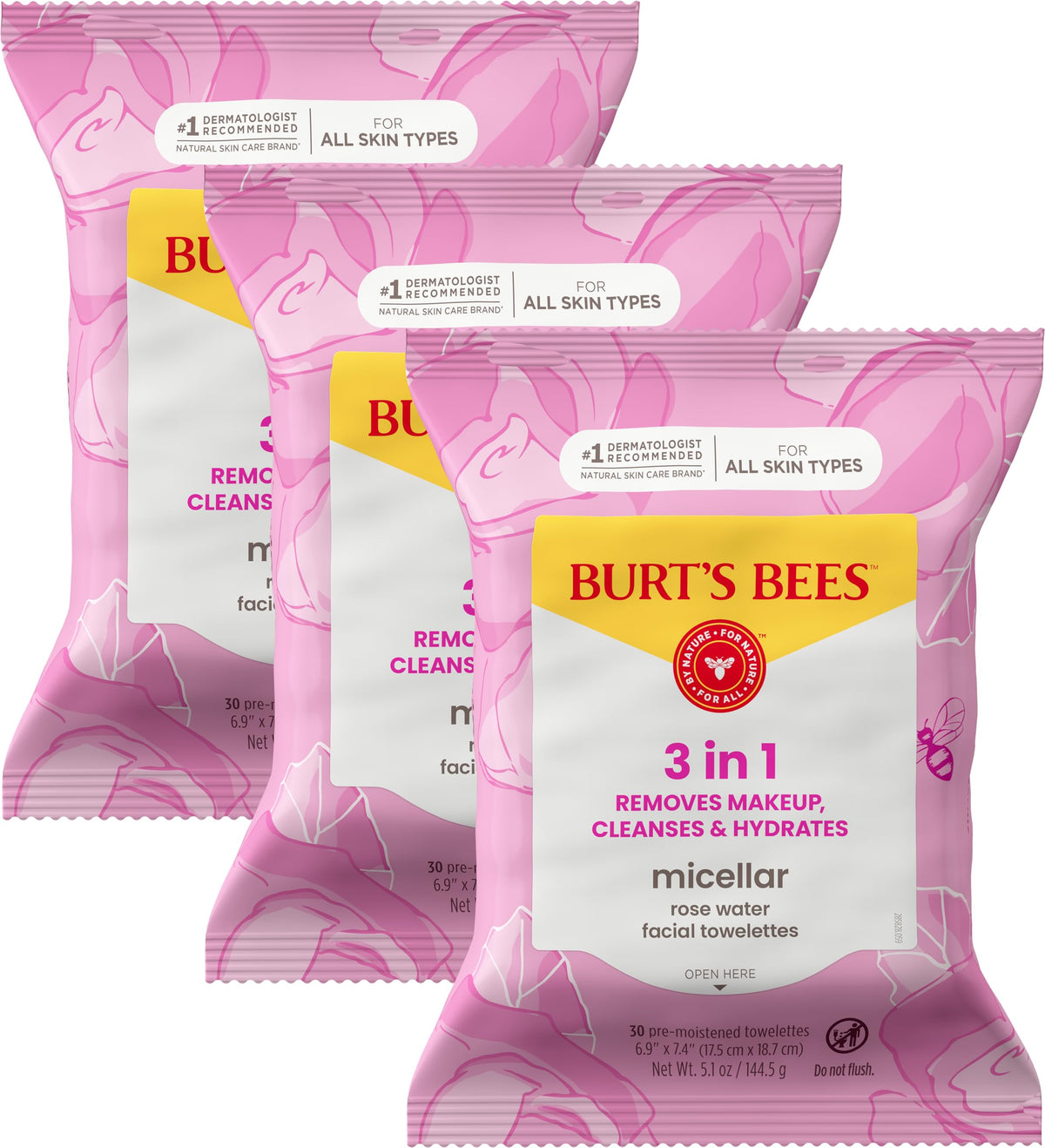 Burt's Bees toallitas micelar de rosas, pack 3 ideal para rutina diaria