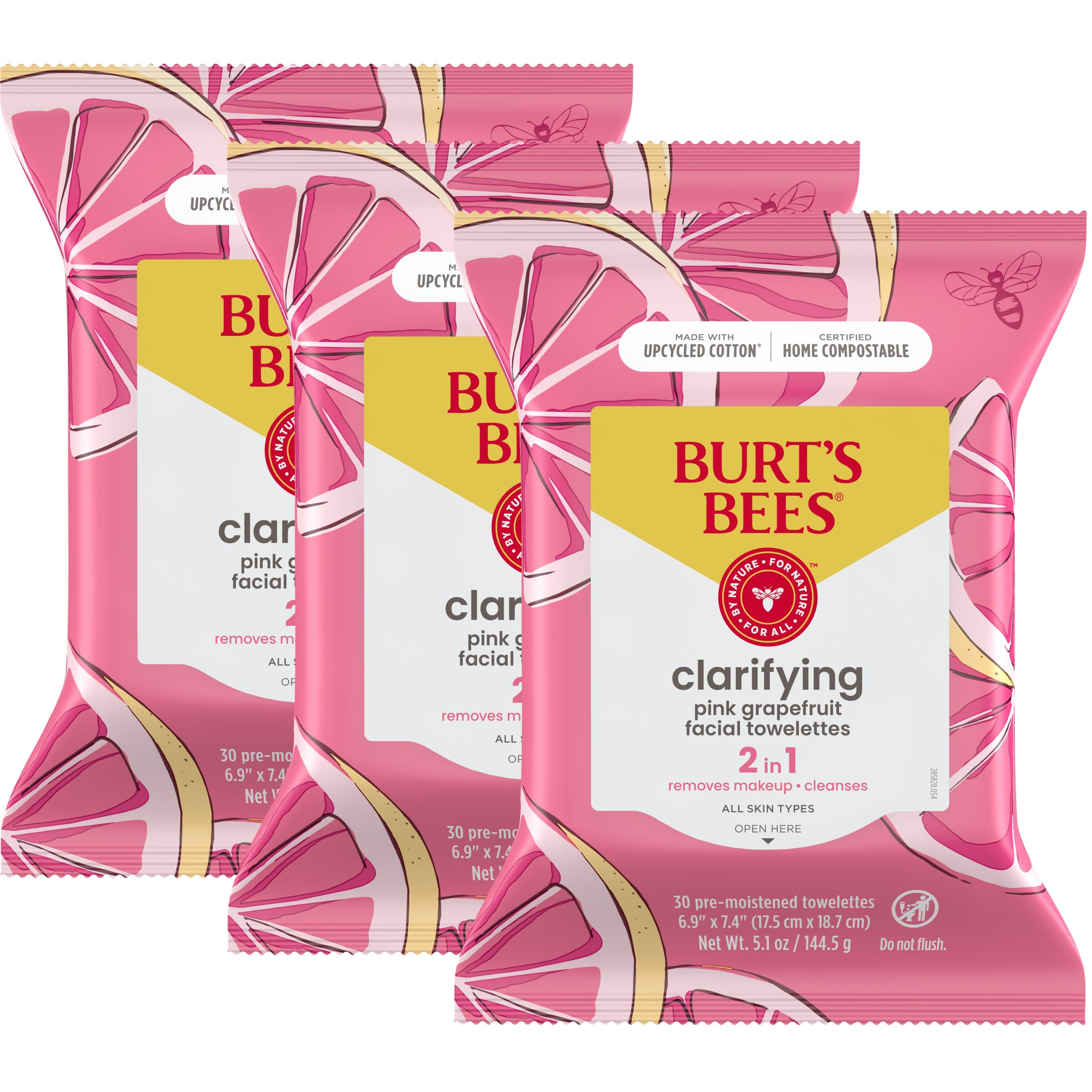 Burt's Bees toallitas pomelo rosado en paquete 3 para desmaquillar suavemente