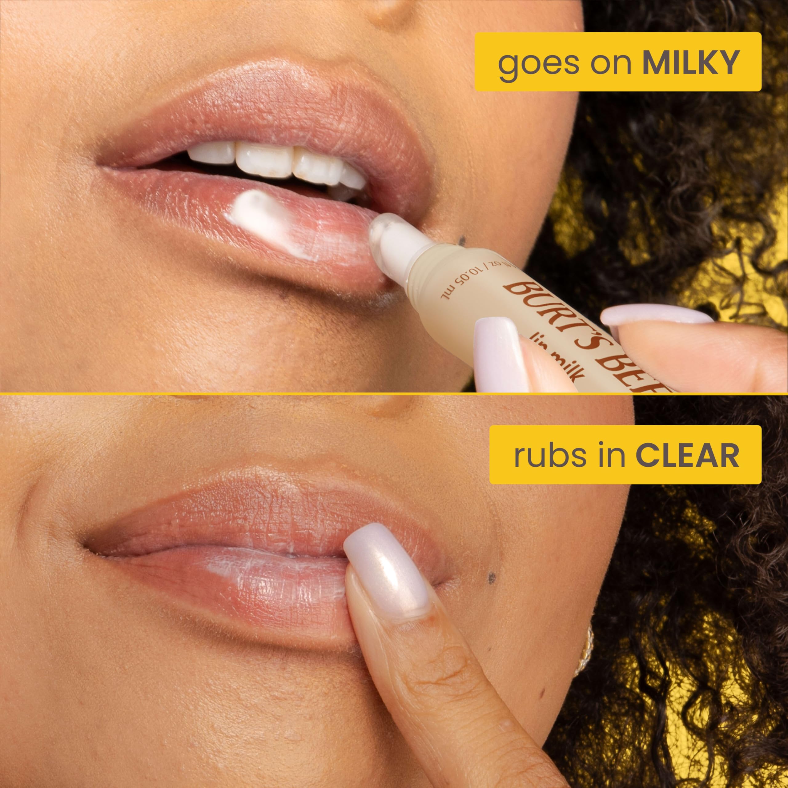Apply Burts Bees Toasted Coconut Lip Milk for smooth, non-sticky moisture