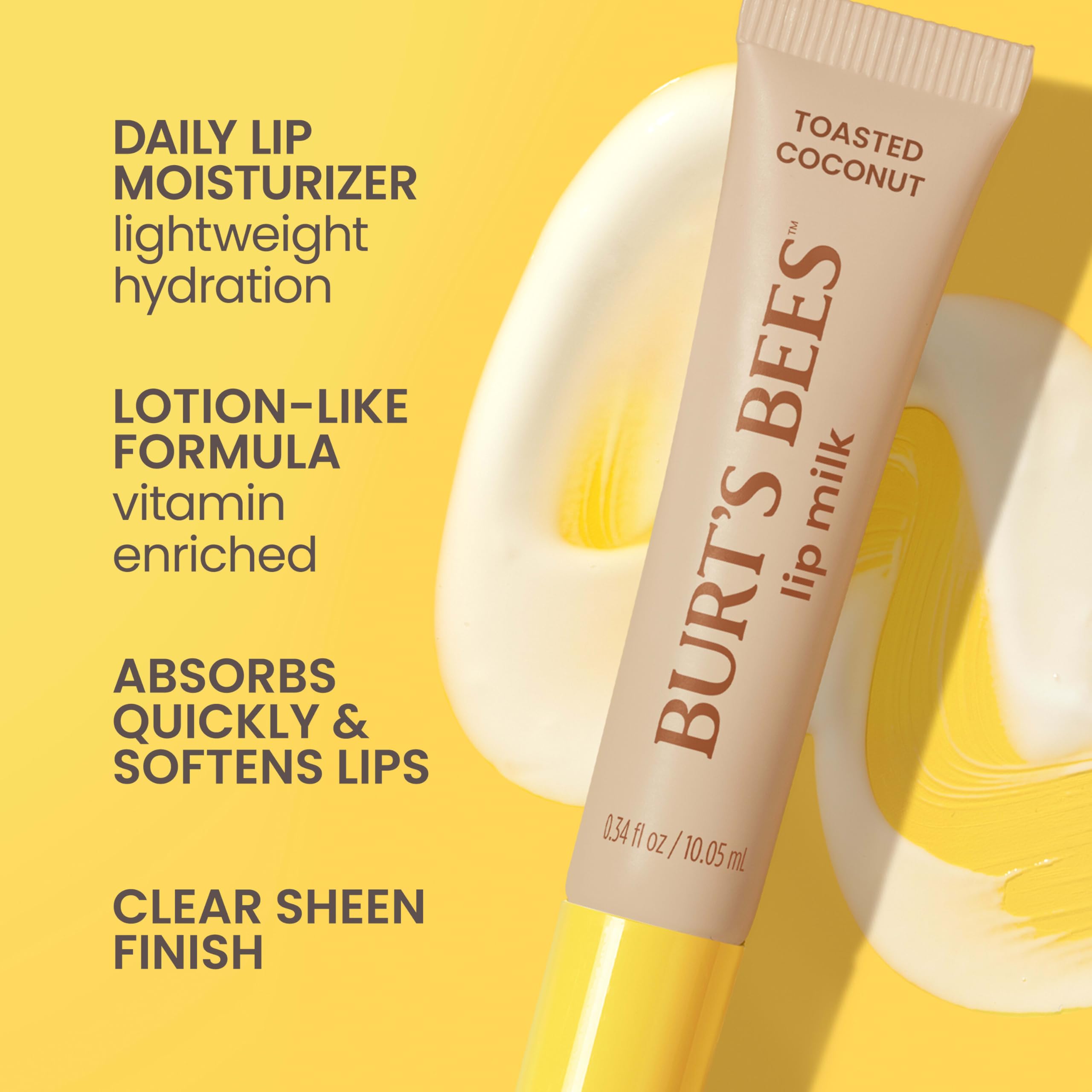 Creamy milky texture of Burts Bees Lip Milk on lips absorbs quickly