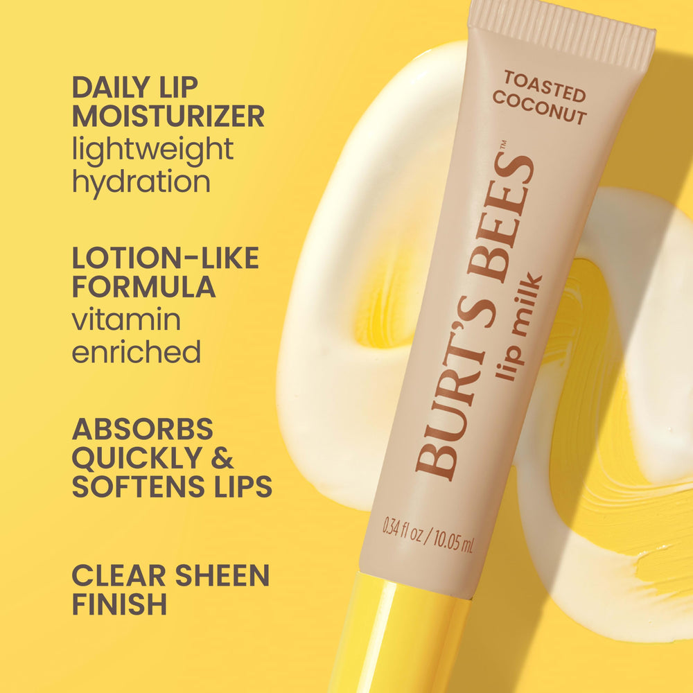 Creamy milky texture of Burts Bees Lip Milk on lips absorbs quickly