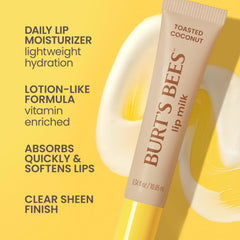 Creamy milky texture of Burts Bees Lip Milk on lips absorbs quickly