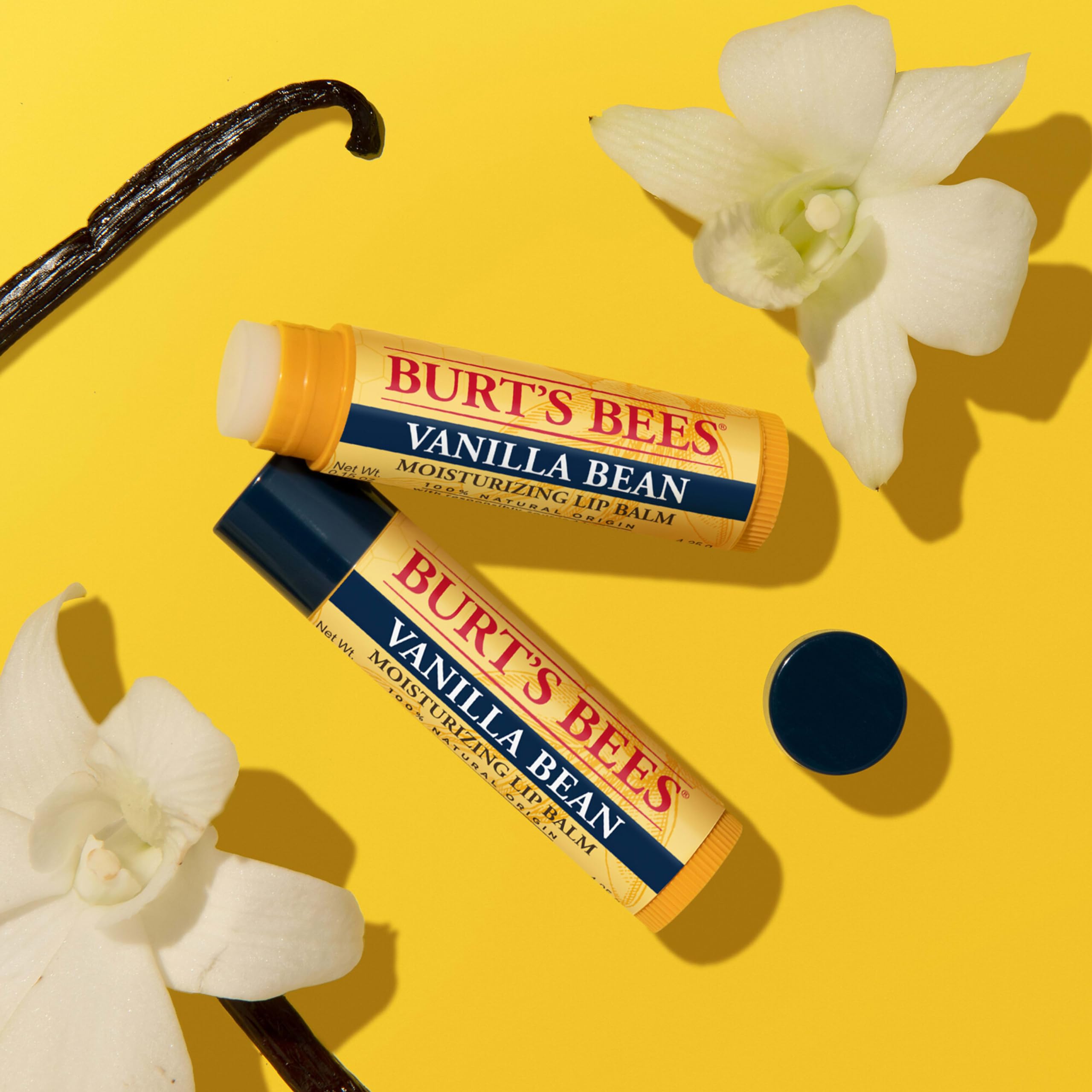 Natural-origin Burt's Bees lip balm with vanilla scent for soothing use.