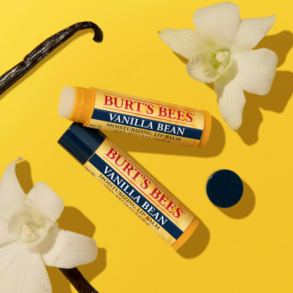 Natural-origin Burt's Bees lip balm with vanilla scent for soothing use.