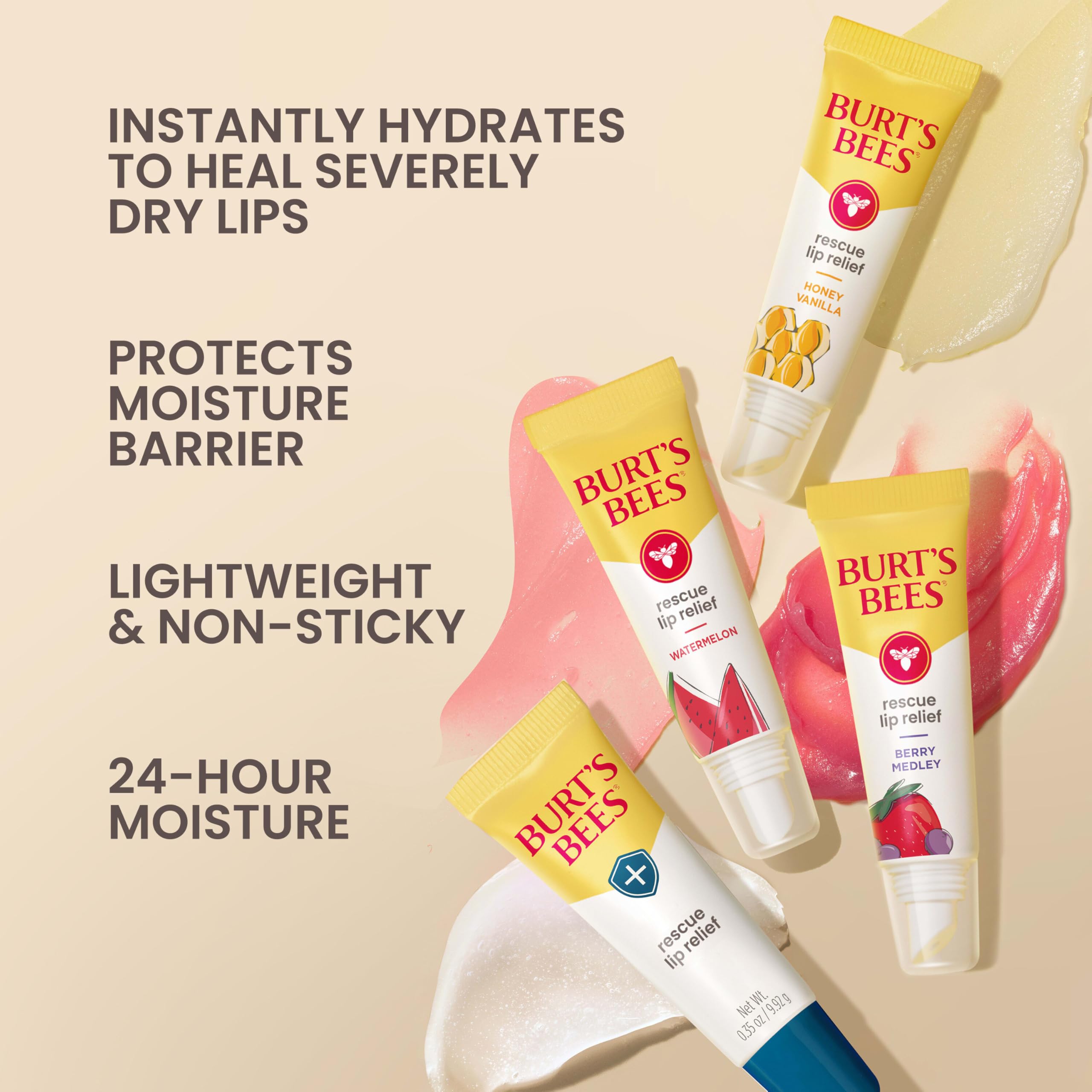 Close-up of Burt's Bees lip balm on lips with watermelon scent for non-sticky moisture.