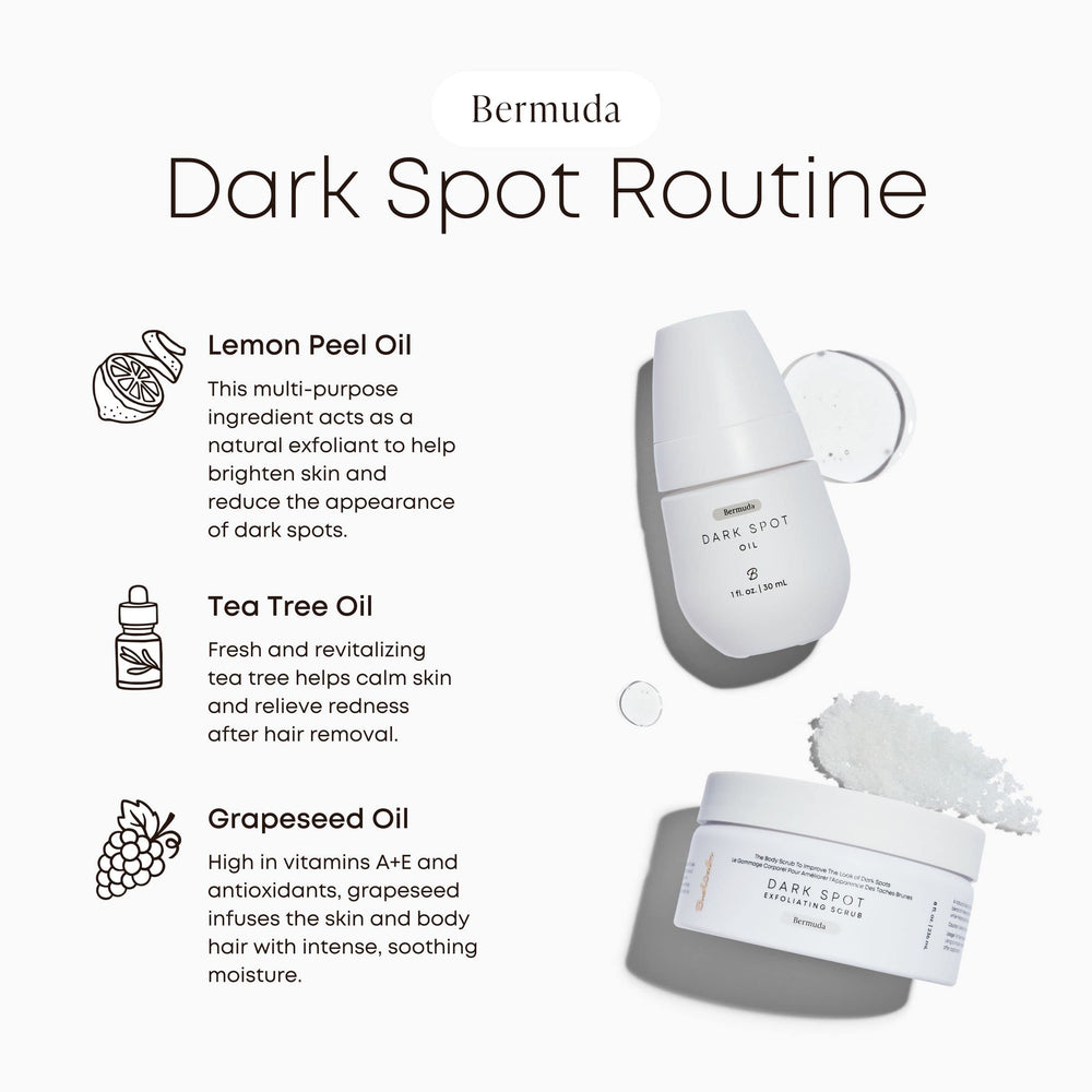 Bermuda Dark Spot Oil ingredients close-up highlights jojoba and lemon.