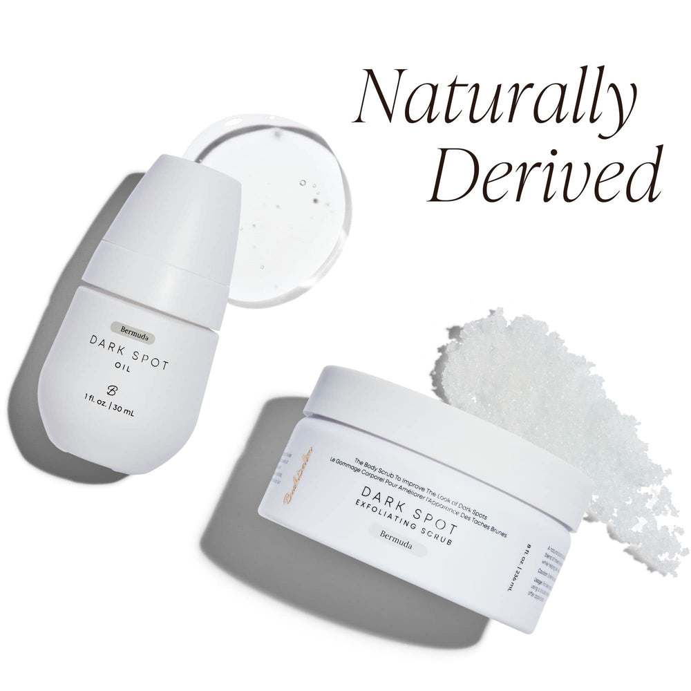Bermuda Scrub jar with smooth skin on arm demonstrates exfoliation.