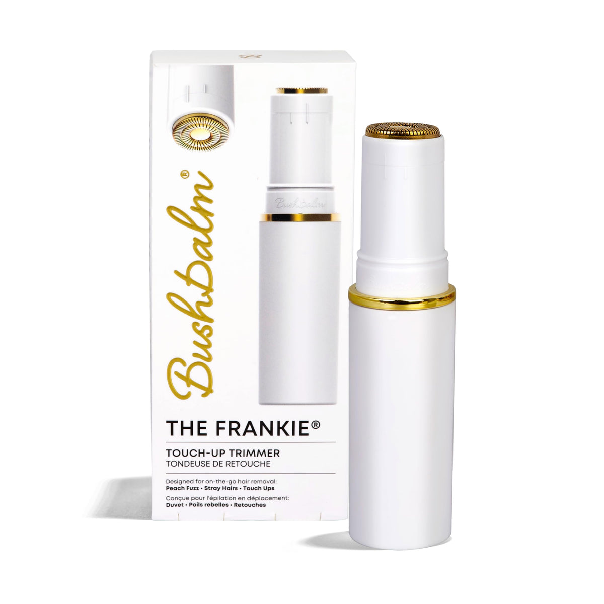 Bushbalm Frankie face trim for peach fuzz and makeup-ready skin.