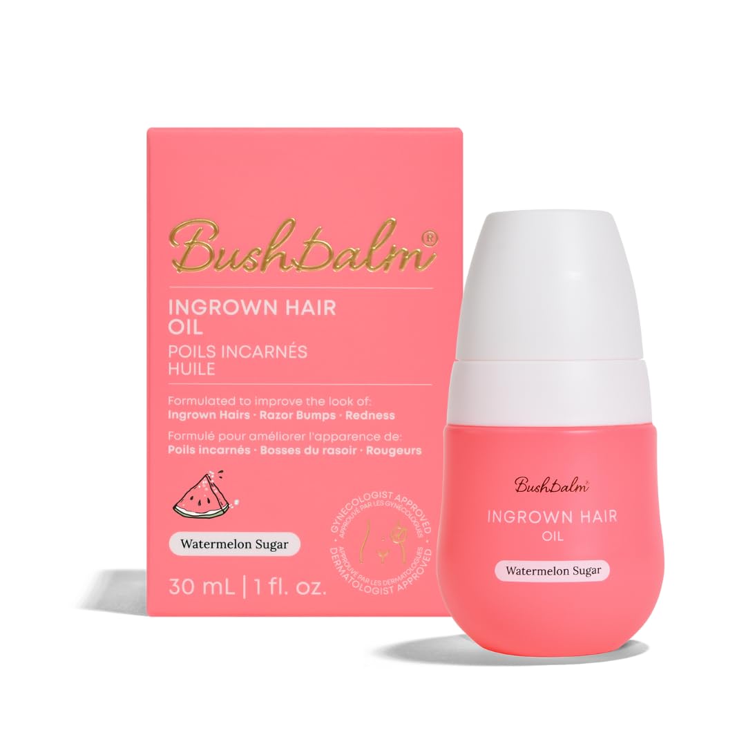 Bushbalm Watermelon Sugar Ingrown Hair Oil bottle pour soothing post-shave skin.