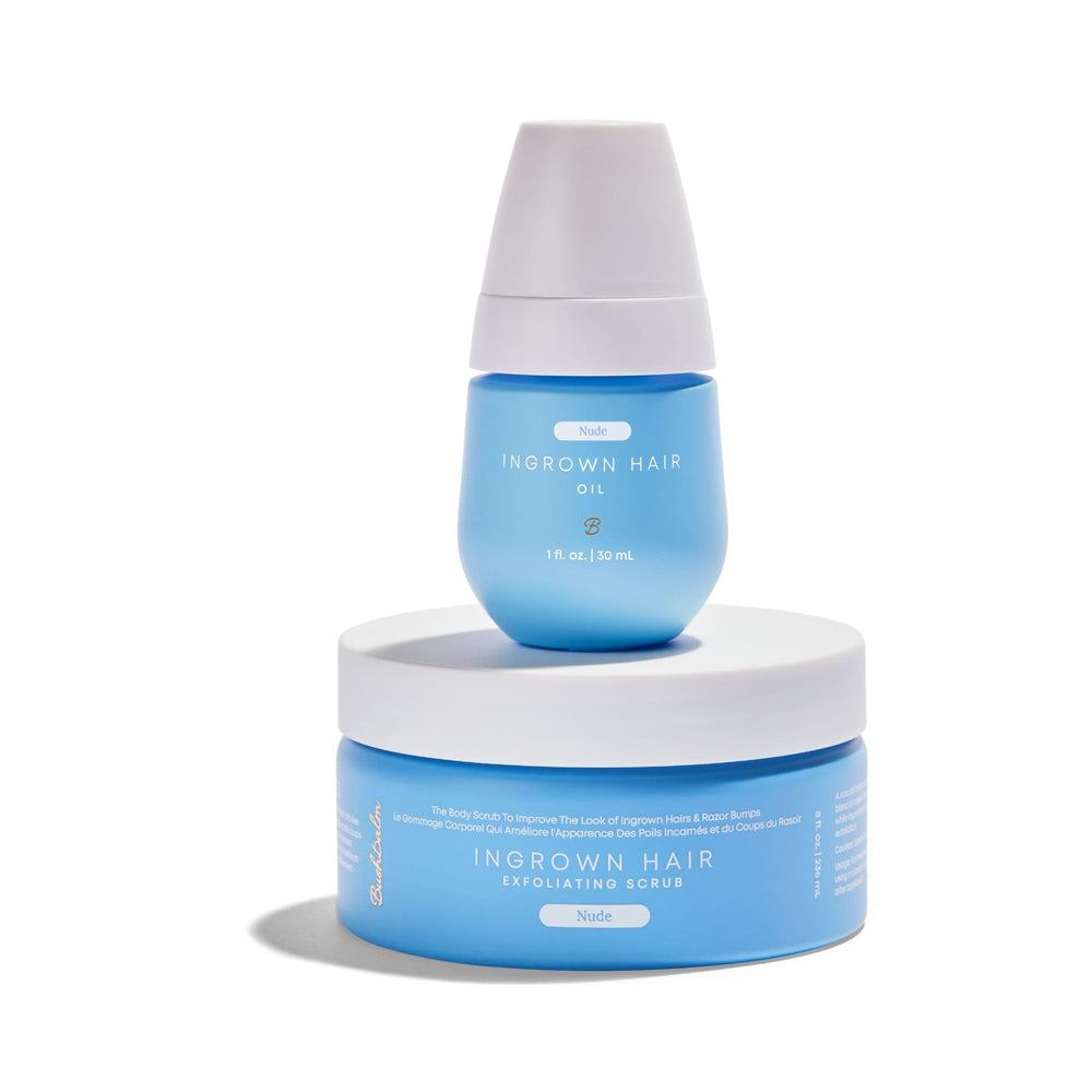 Bushbalm Nude ingrown hair oil bottle shows compact 30 ml packaging for daily hydration.
