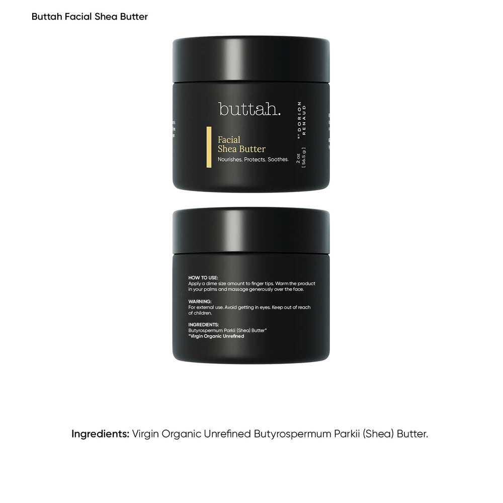 Buttah Skin Facial Shea Butter 2oz: enfoque textura cremosa facilita deslizamiento y nutrición.