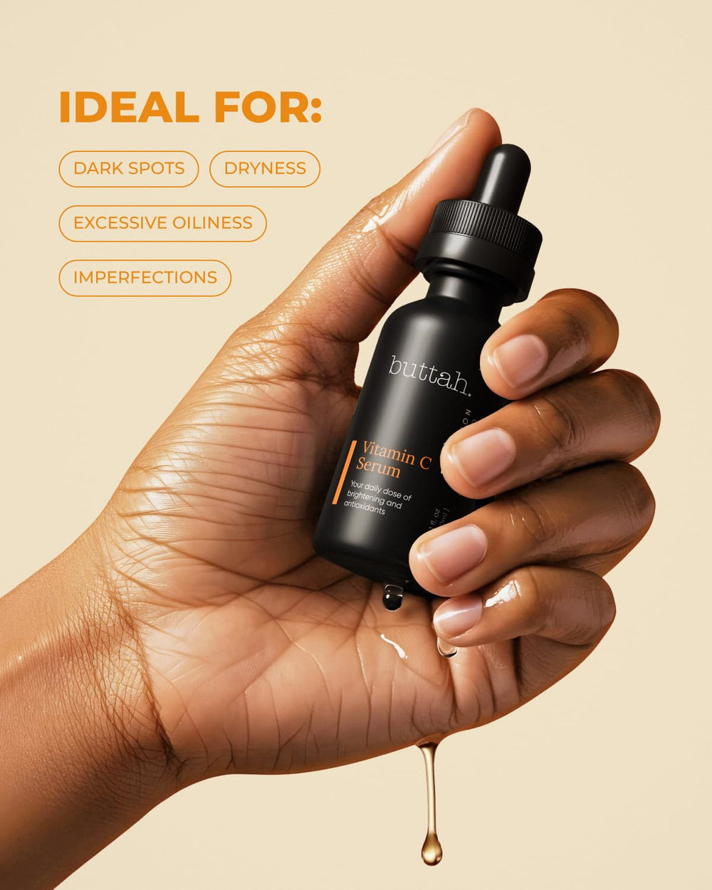 Buttah Skin Vitamin C Serum label detail highlighting ferulic acid and green tea.