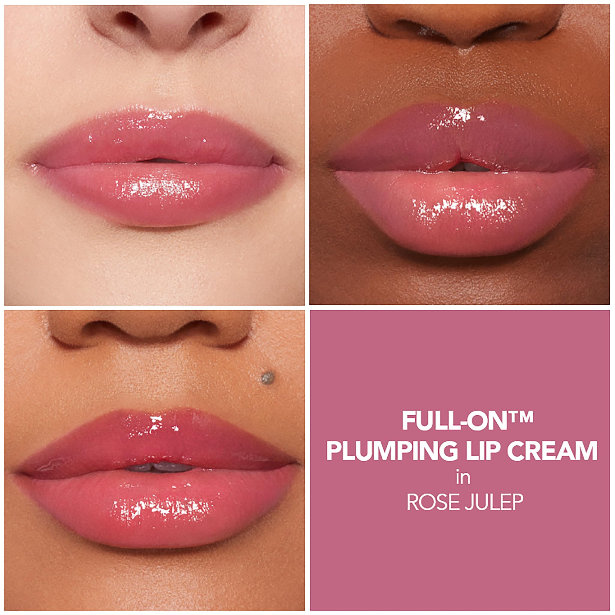 Buxom Full-On Plumping Lip Cream Rose Julep application close-up shows creamy, glide-on texture.