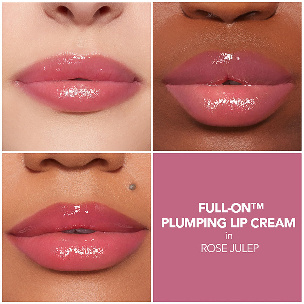 Buxom Full-On Plumping Lip Cream Rose Julep application close-up shows creamy, glide-on texture.