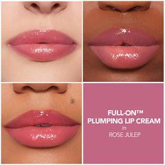 Buxom Full-On Plumping Lip Cream Rose Julep application close-up shows creamy, glide-on texture.