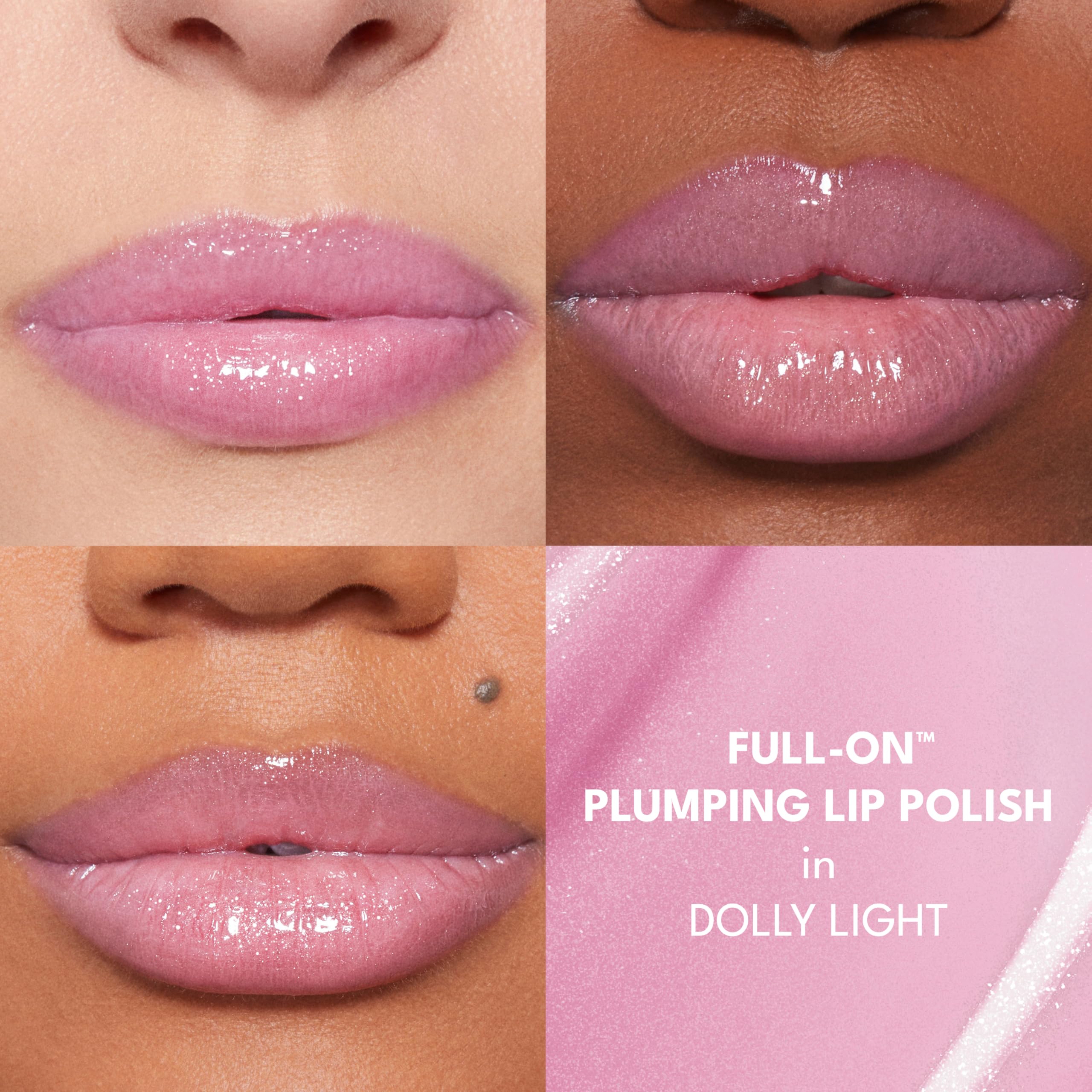 Buxom Dolly Light on lips demonstrates high-shine lip gloss with plumping hints