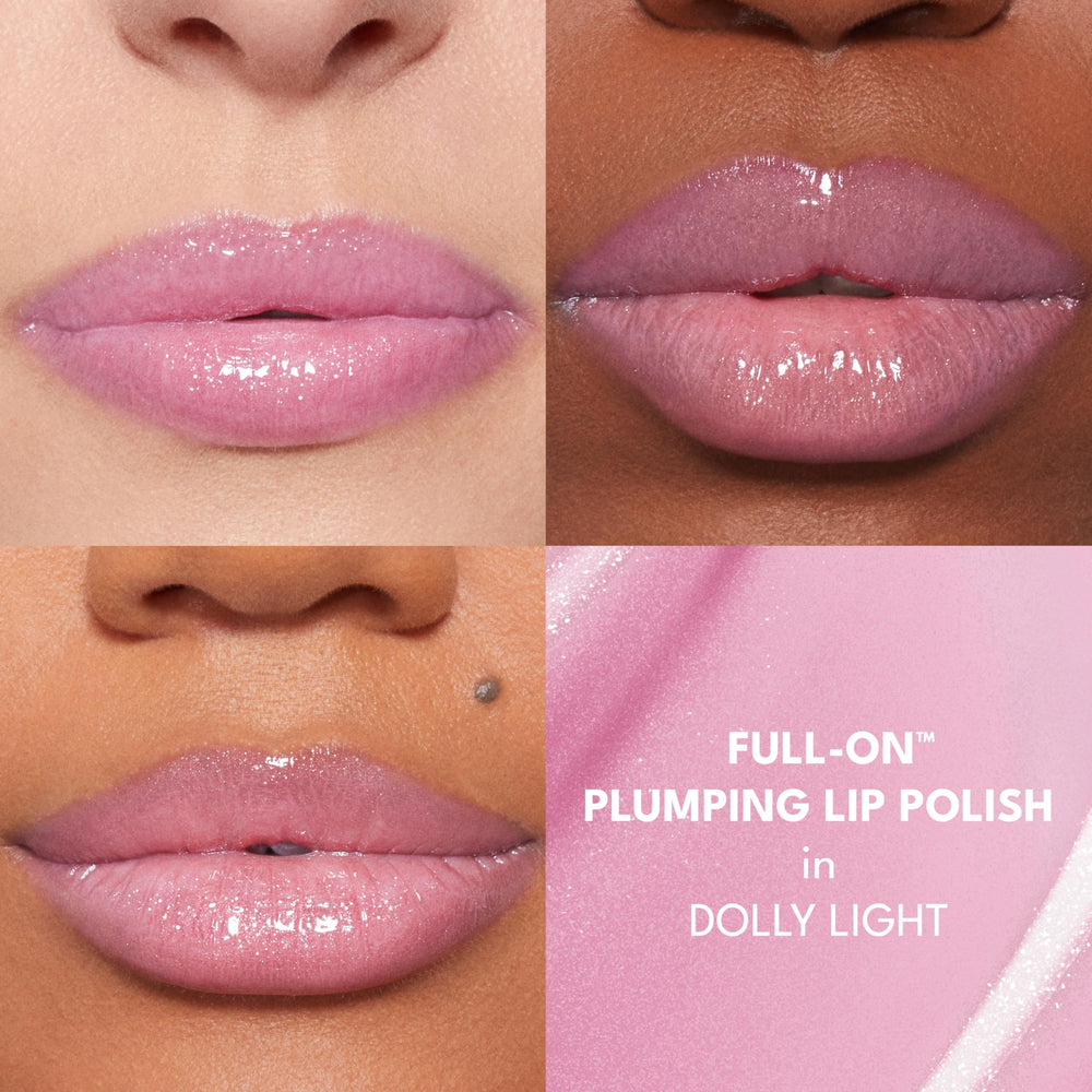 Buxom Dolly Light on lips demonstrates high-shine lip gloss with plumping hints