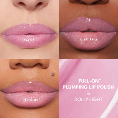 Buxom Dolly Light on lips demonstrates high-shine lip gloss with plumping hints