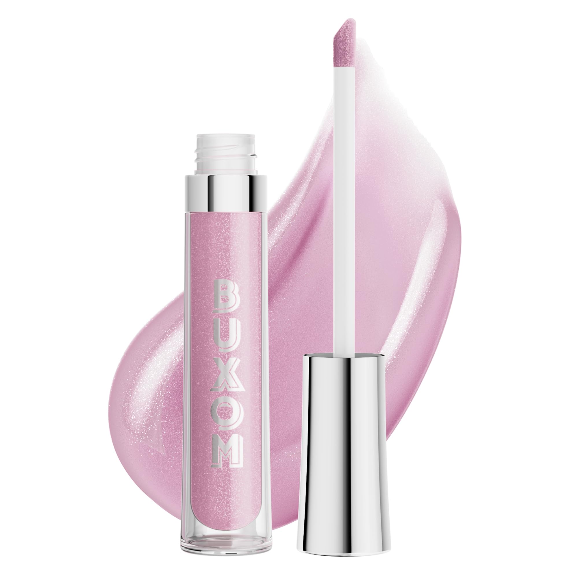 Buxom Dolly Light lip gloss swatch showing pink mauve shimmer for fuller-looking lips