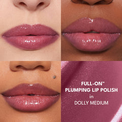 Buxom Roseberry Mauve Shimmer gloss on lips delivers luminous color and noticeable shine.