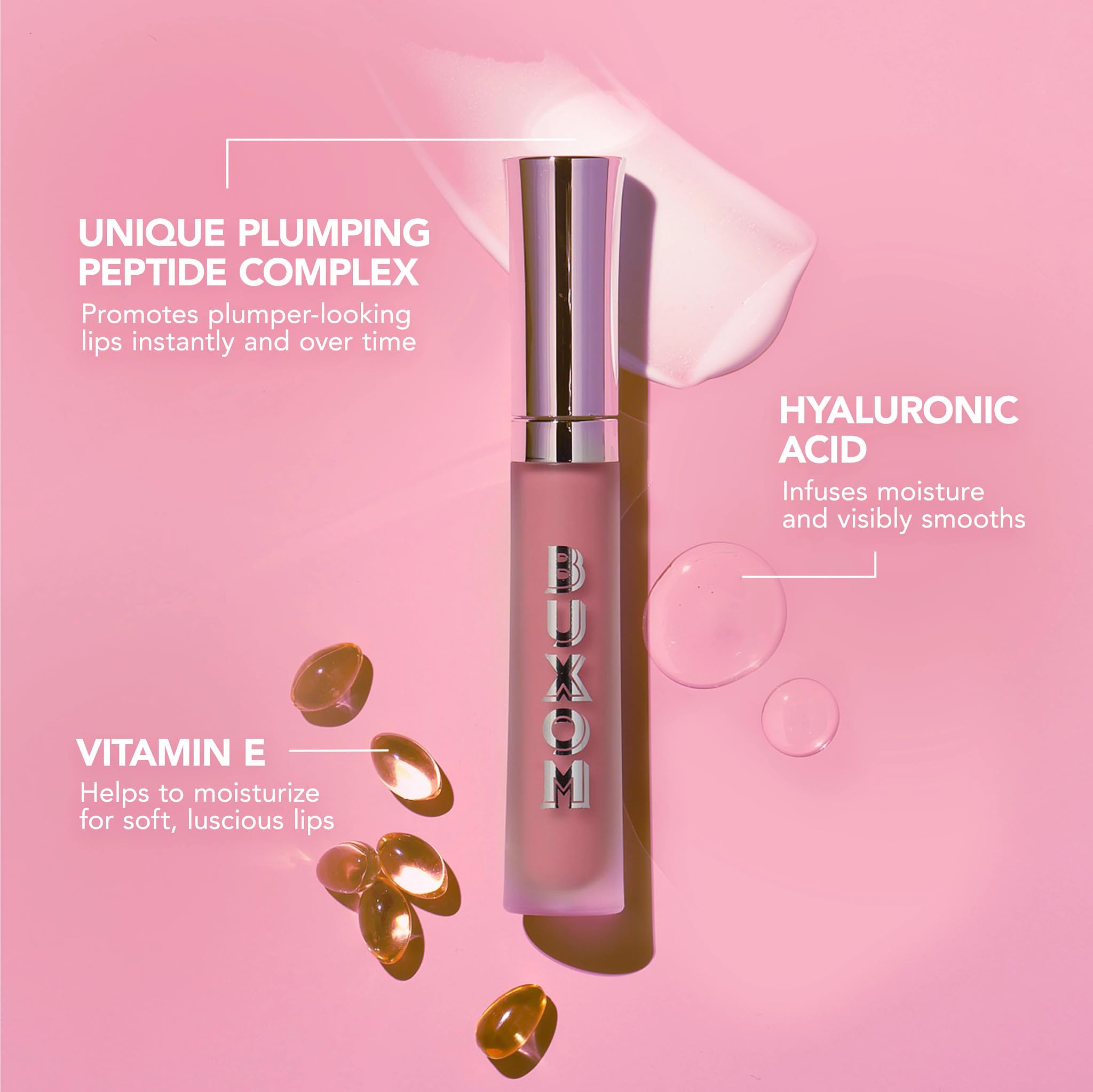 Buxom hidratacion con vitaminas A y E para labios nutridos.