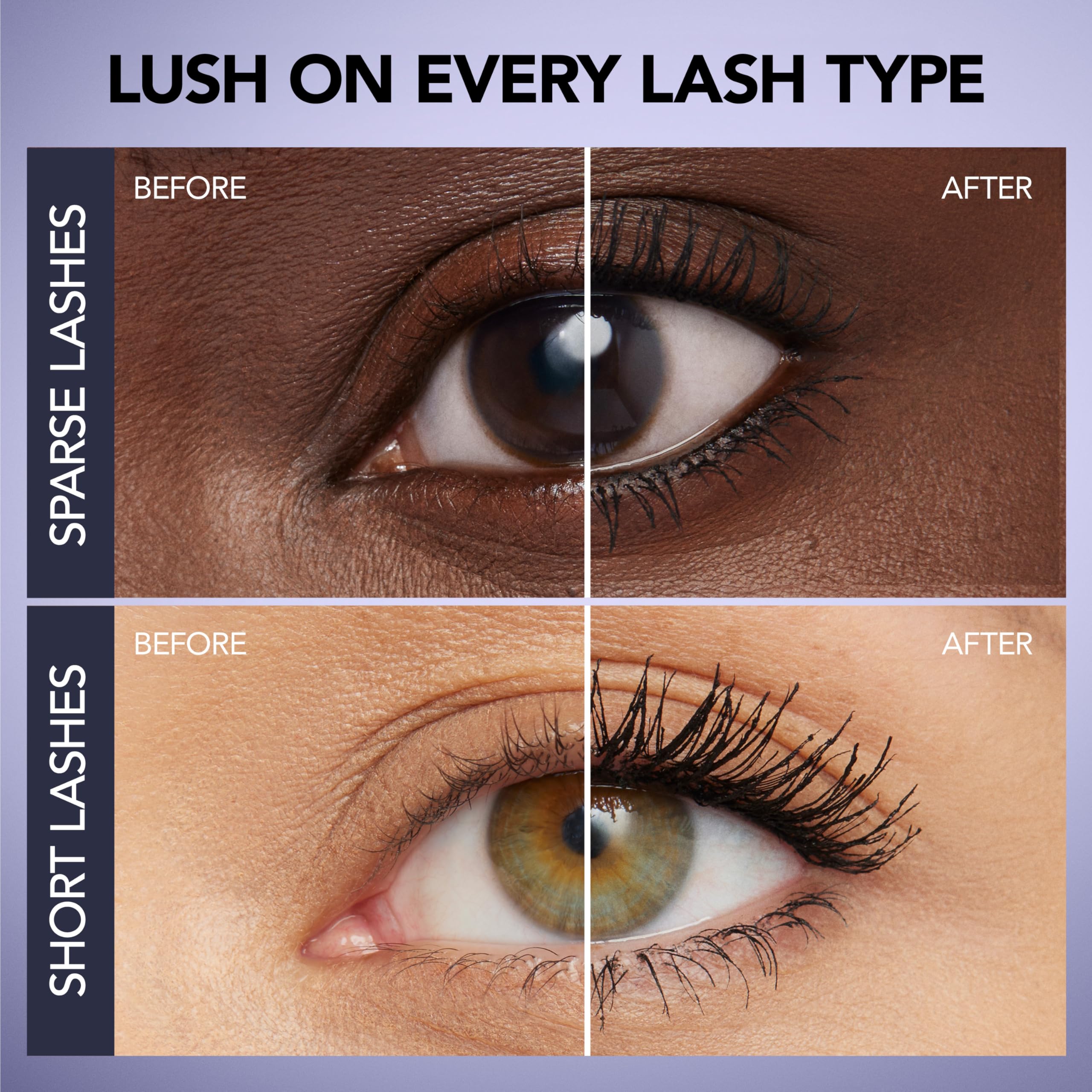 Buxom mascara applied to lashes shows dramatic length and volume.