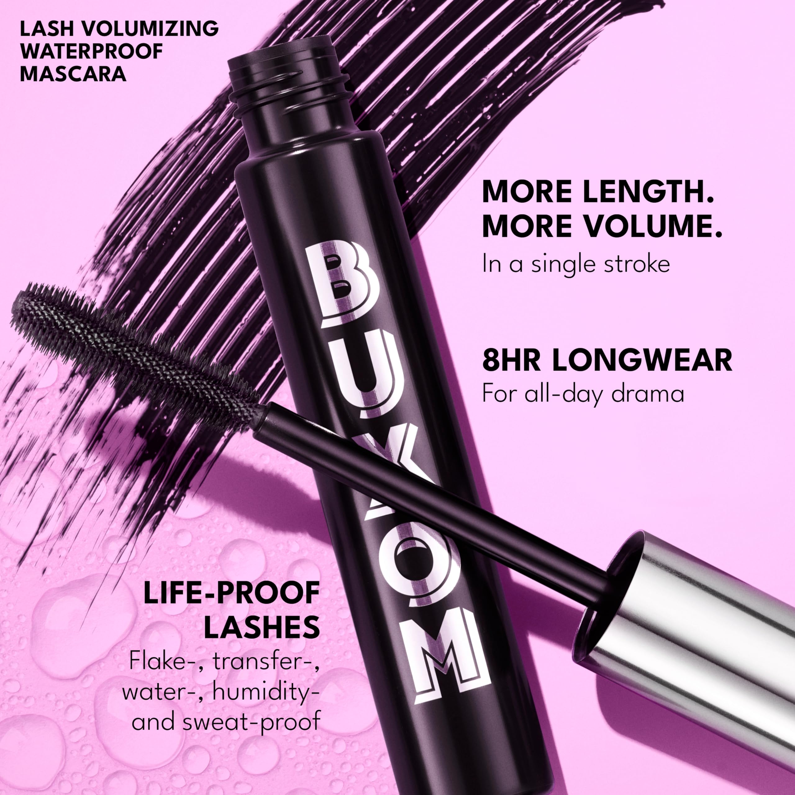 Buxom Lash Volumizing Mascara brush close-up highlights dense bristles for length.