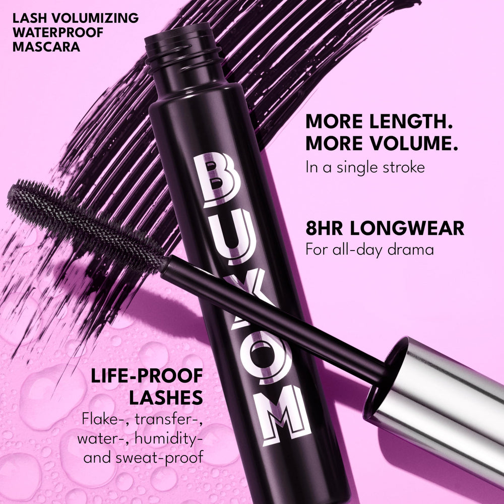 Buxom Lash Volumizing Mascara brush close-up highlights dense bristles for length.