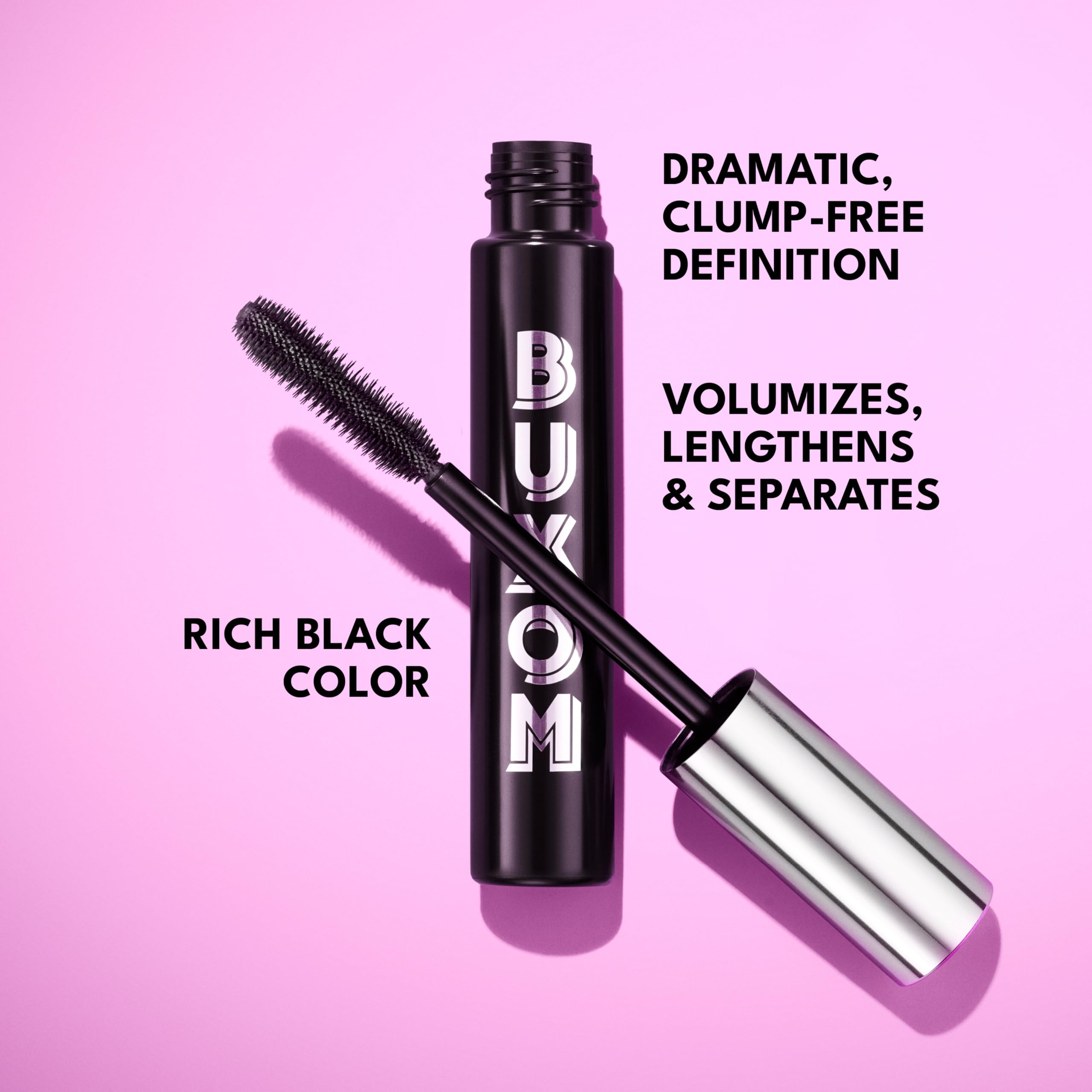 Buxom Lash Volumizing Mascara close-up reveals glossy pigment for a rich finish.