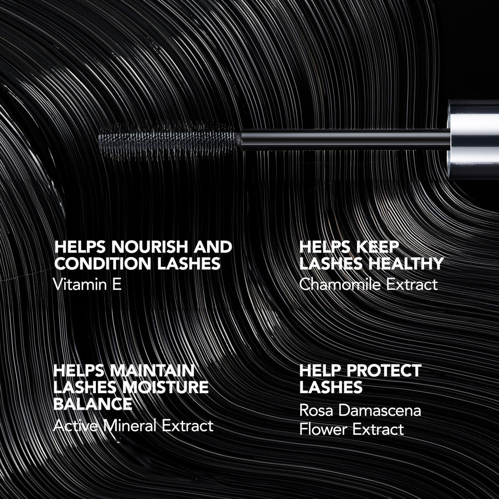 Buxom Lash Volumizing Mascara on lashes demonstrates a fanned-out, lifted look.