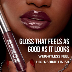 Buxom peptide-infused gloss closeup highlights nourishing formula and glossy finish.