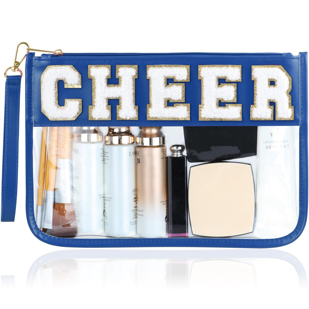 BuyCard Cheer chenille clear makeup bag with navy blue trim for organized cosmetics.