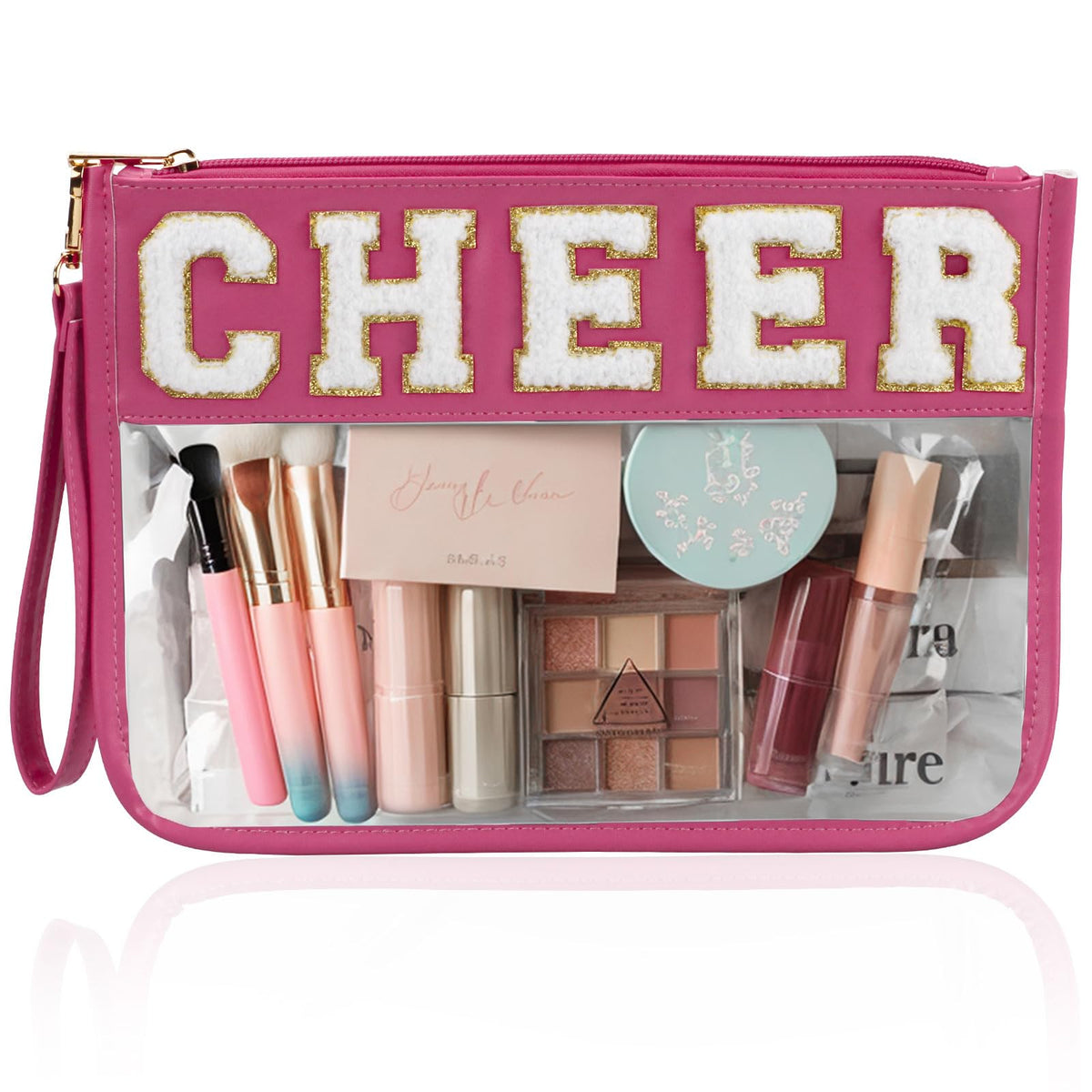 BuyCard Cheer Chenille Letter Bags with patches for organized cosmetics.