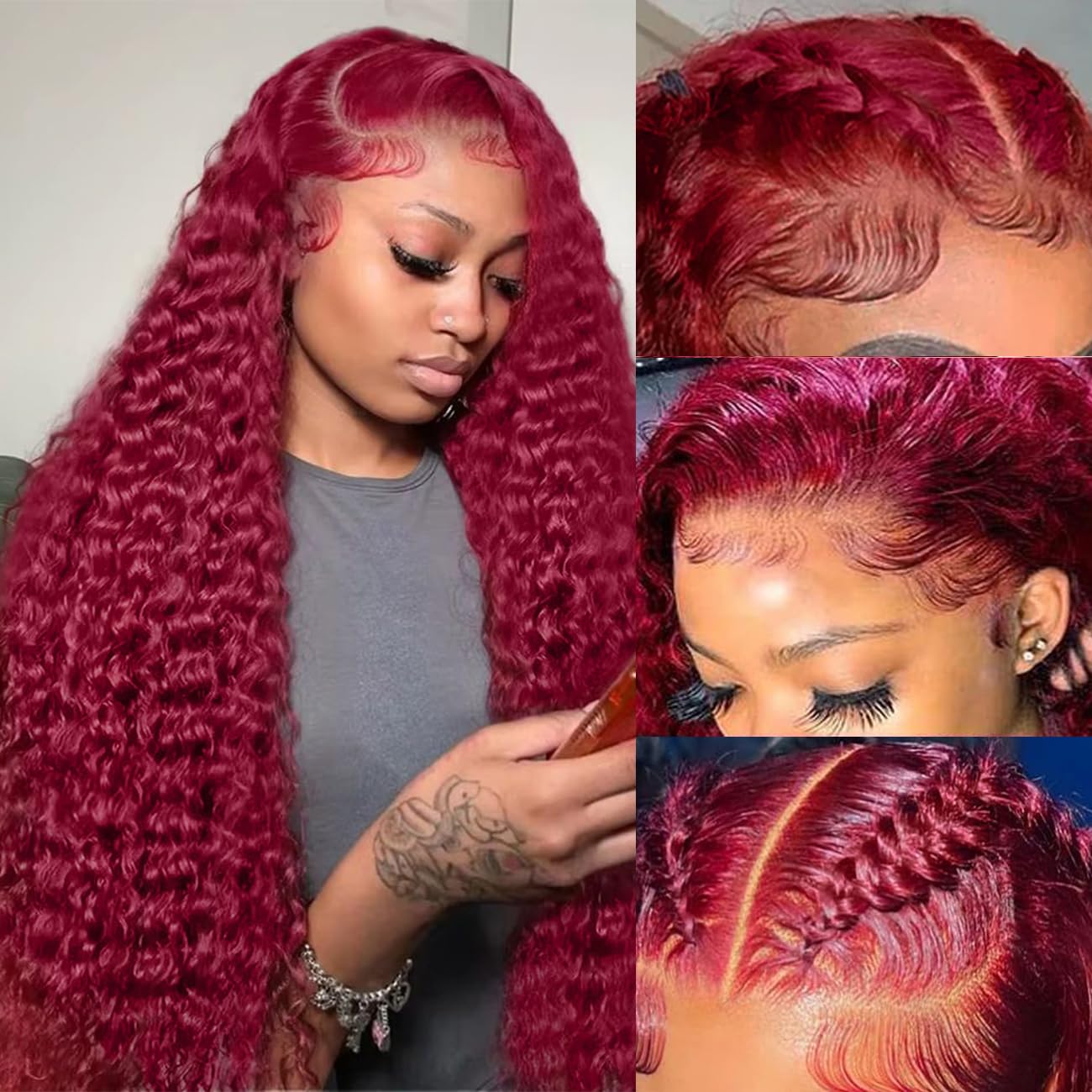 Bworto 99J burgundy wig 13x6 transparent lace for skin-melt look.
