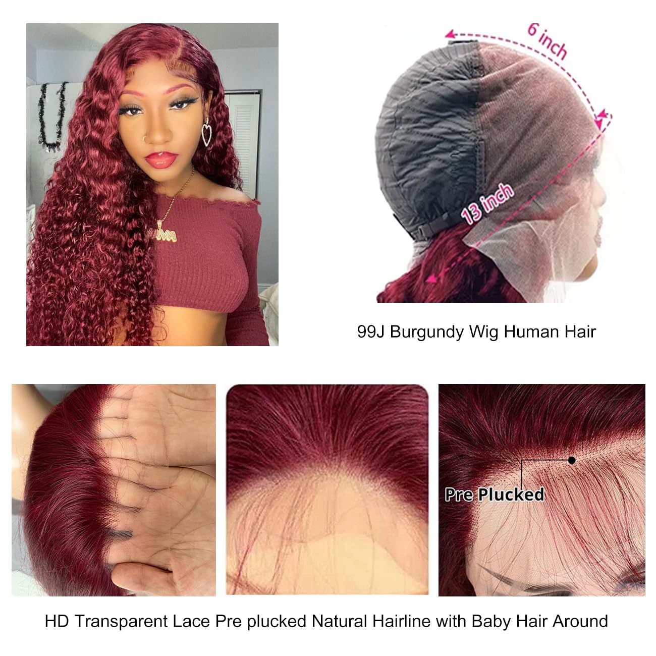 Bworto burgundy wig with adjustable cap and four combs.