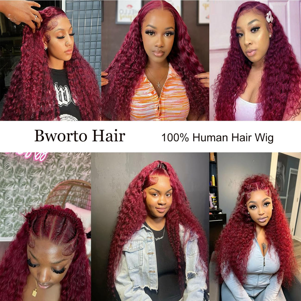 Bworto burgundy wig shown in high ponytail or bun style.