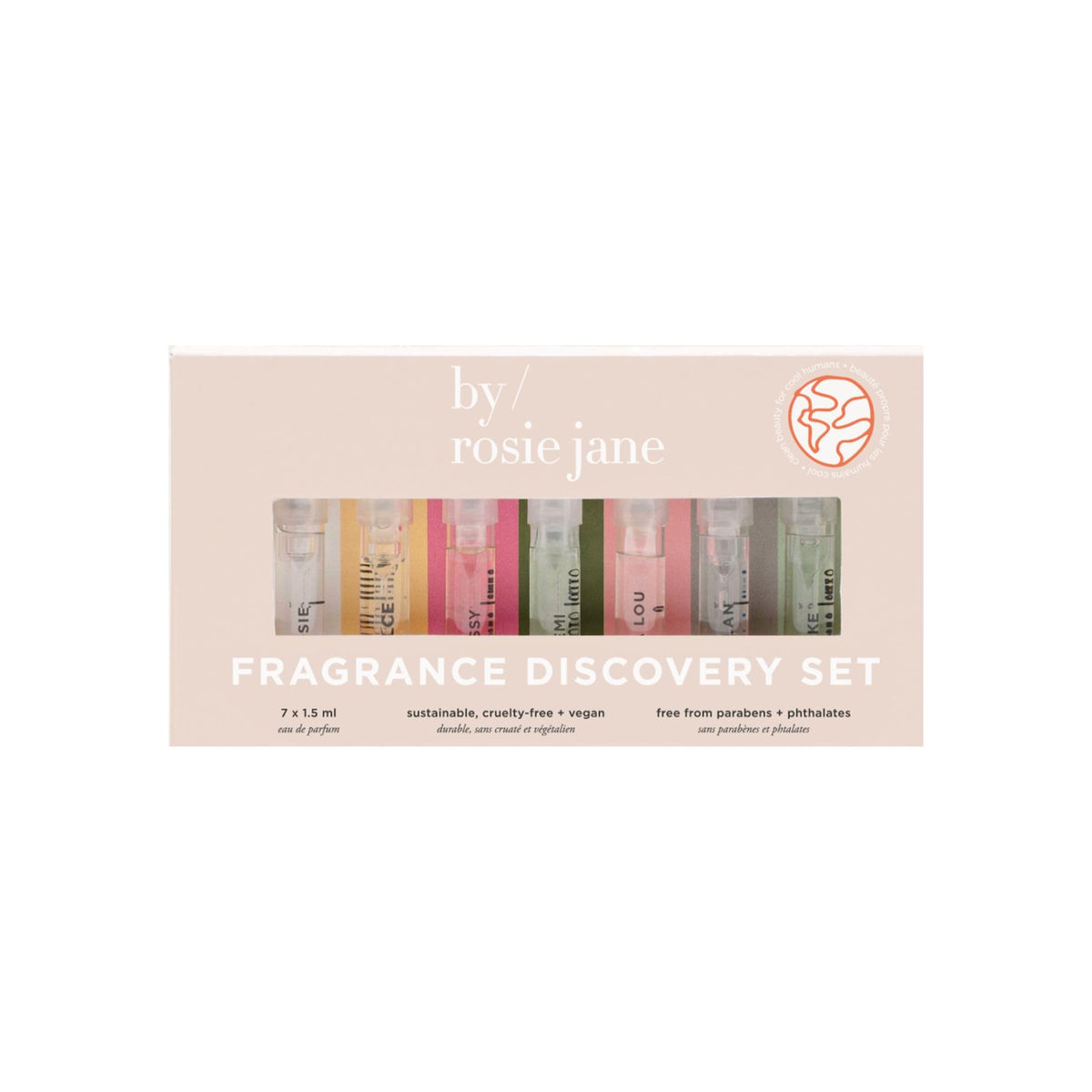 By Rosie Jane discovery set box with seven travel-size perfumes for testing on the go.