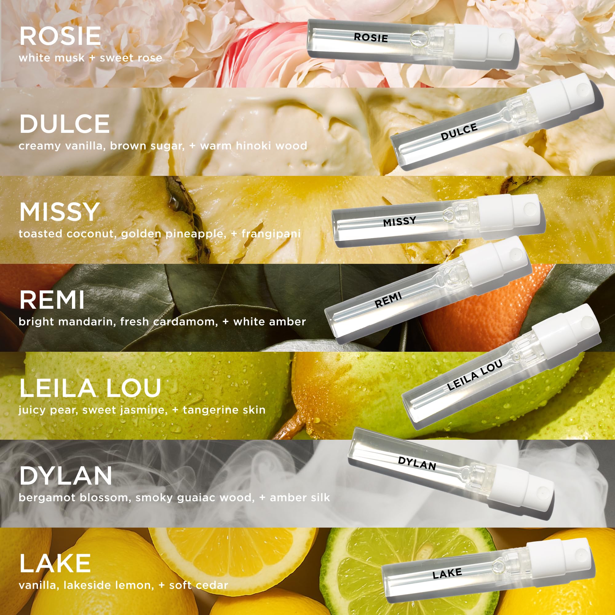 Seven mini perfume vials from By Rosie Jane Discovery Set arranged for easy sampling.