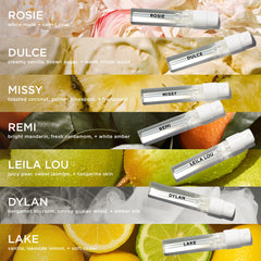 Seven mini perfume vials from By Rosie Jane Discovery Set arranged for easy sampling.