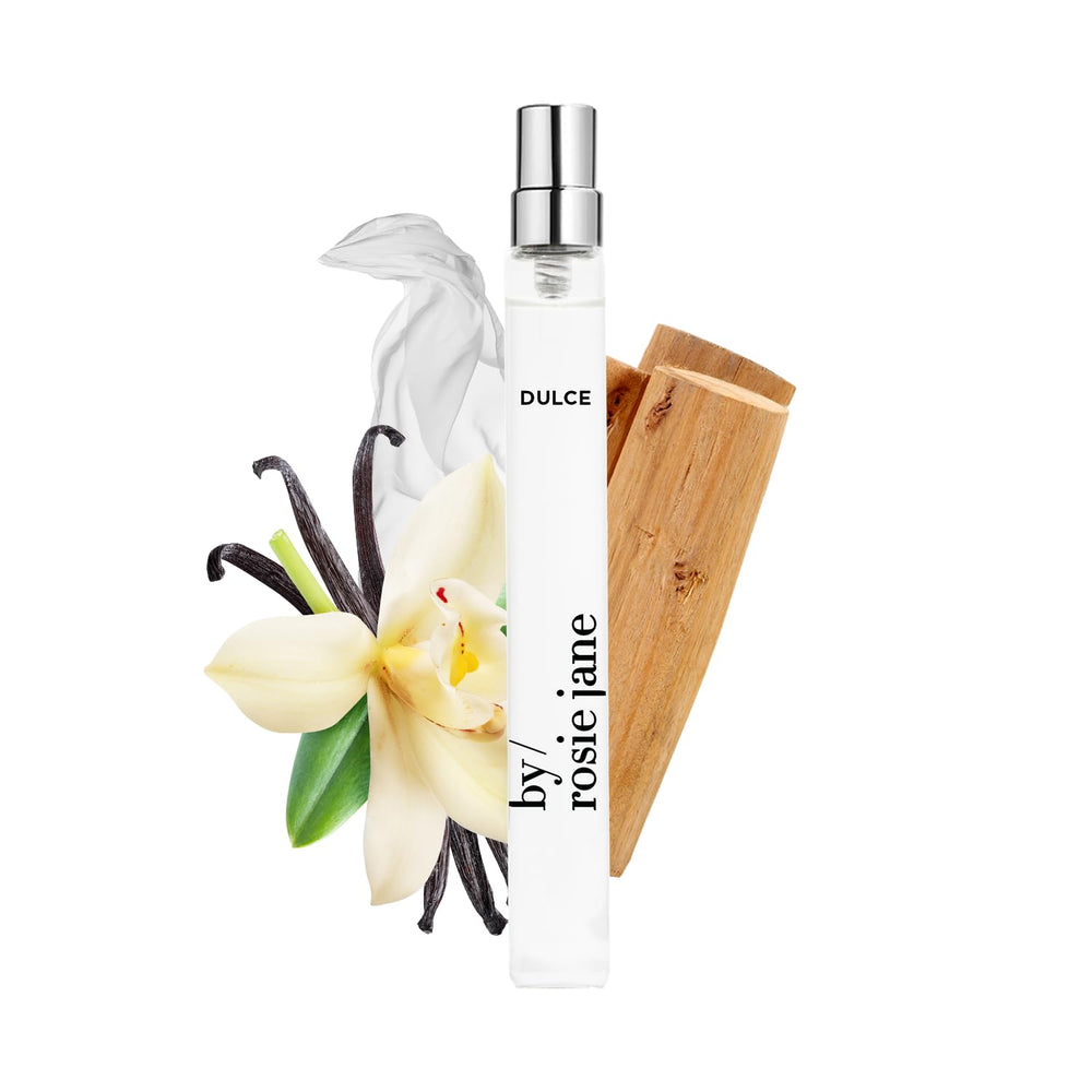 By Rosie Jane Dulce travel perfume bottle showing creamy vanilla aroma for everyday charm.