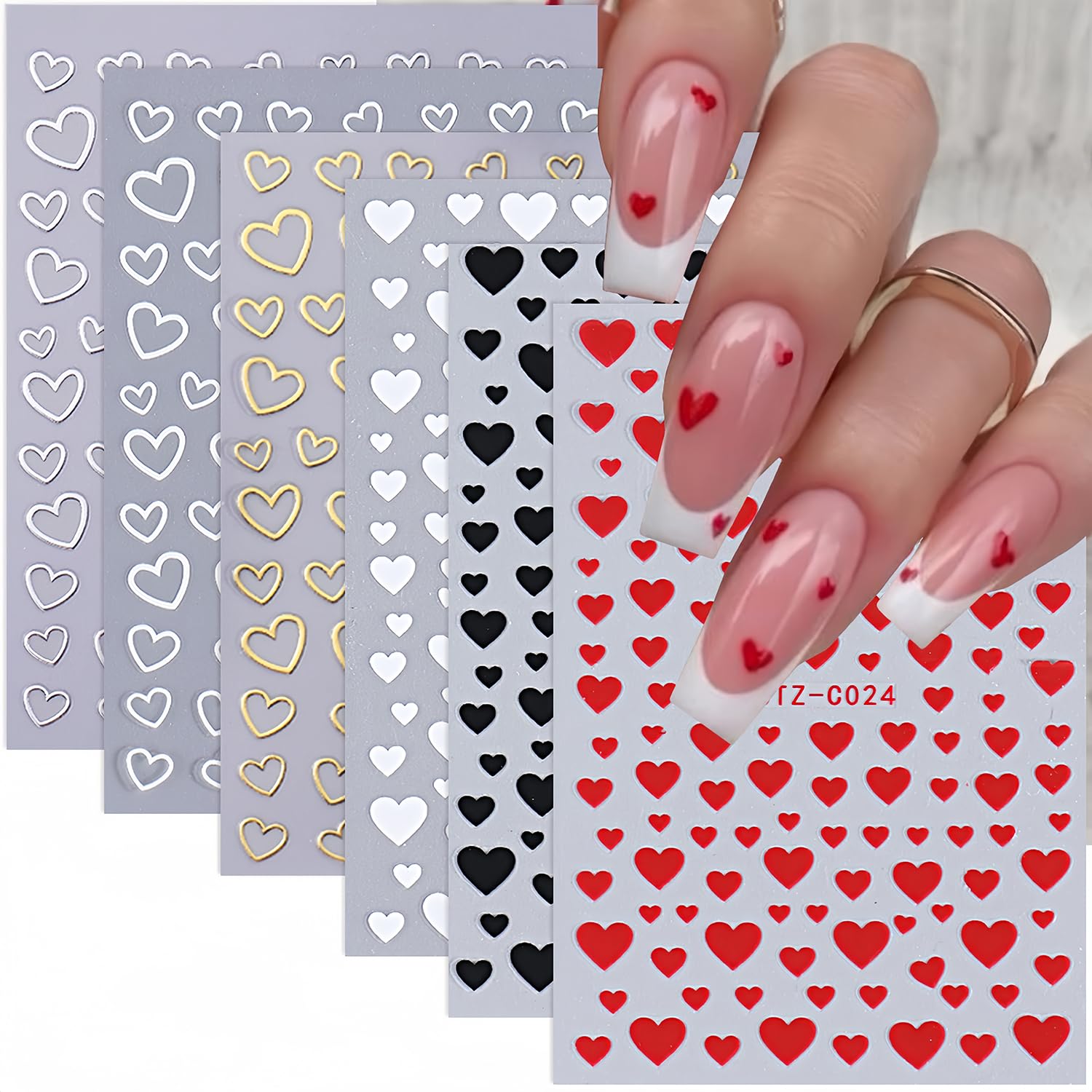 BYJKYEN heart stickers set for quick Valentine nail art on natural or acrylic nails.
