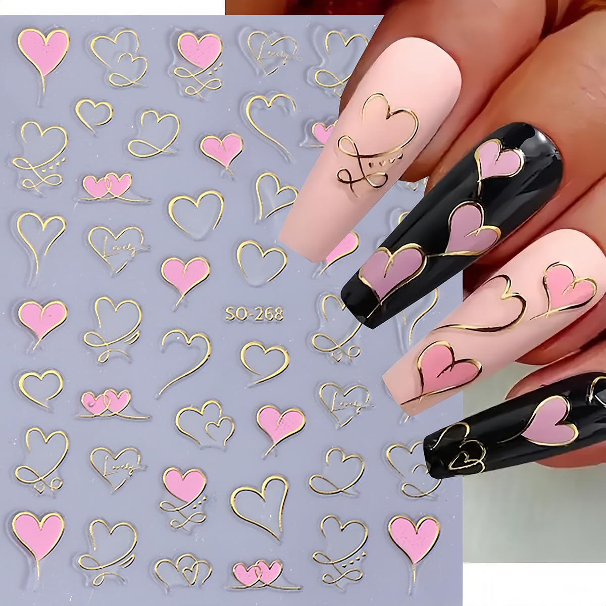 BYJKYEN 3D heart nail art stickers close-up for dimensional hearts that stand out.