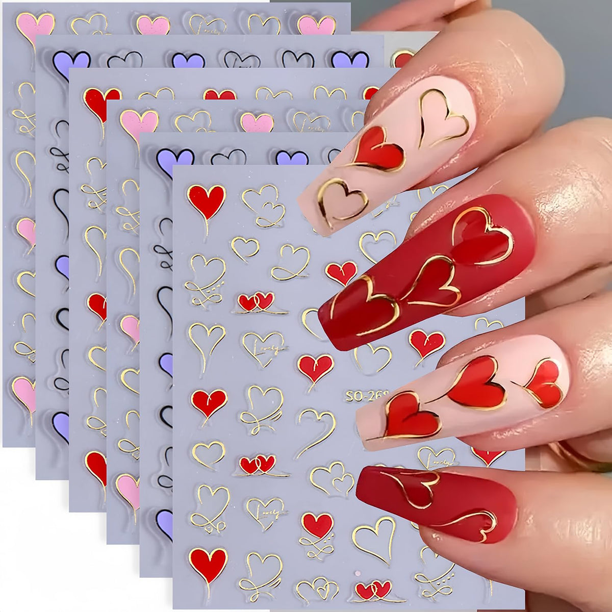 BYJKYEN Valentine heart nail stickers set of six sheets for versatile DIY manicures.