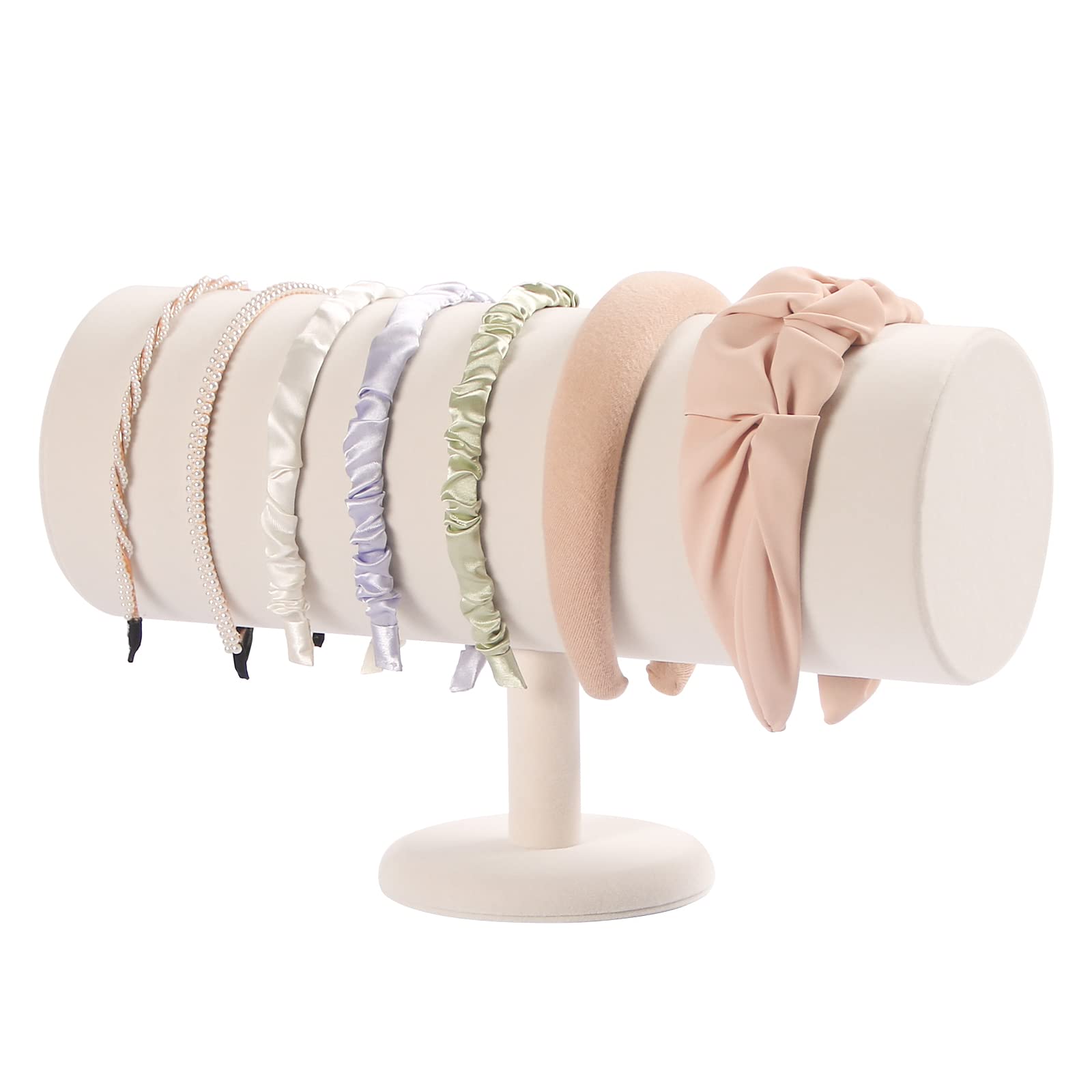 ByKen T-bar headband holder in beige velvet keeps headbands neatly organized on the dresser.