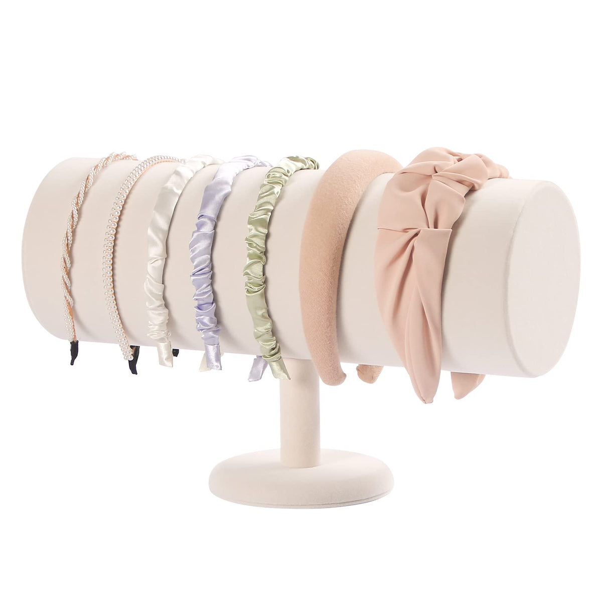 ByKen T-bar headband holder in beige velvet keeps headbands neatly organized on the dresser.