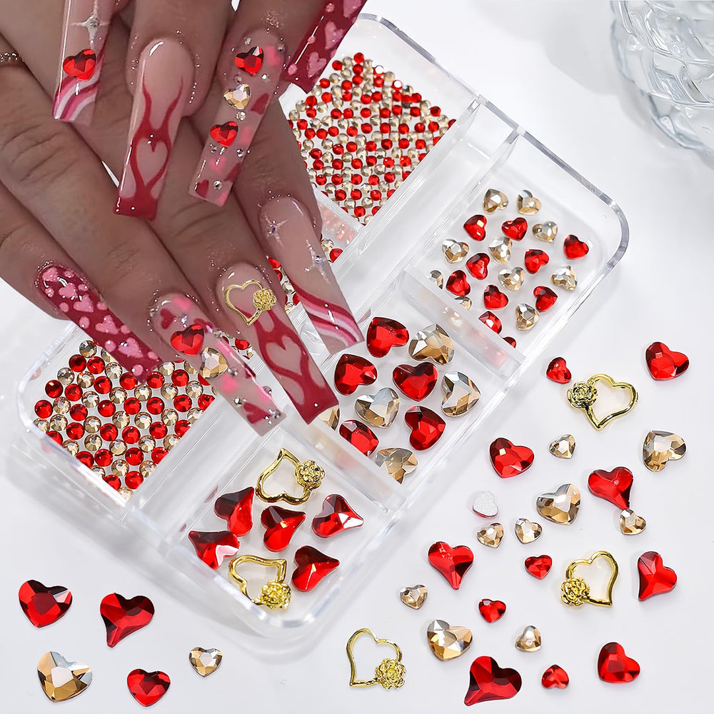 BYJKYEN corazones para uñas en 3D, rojo brillante, ideal para diseños llamativos.