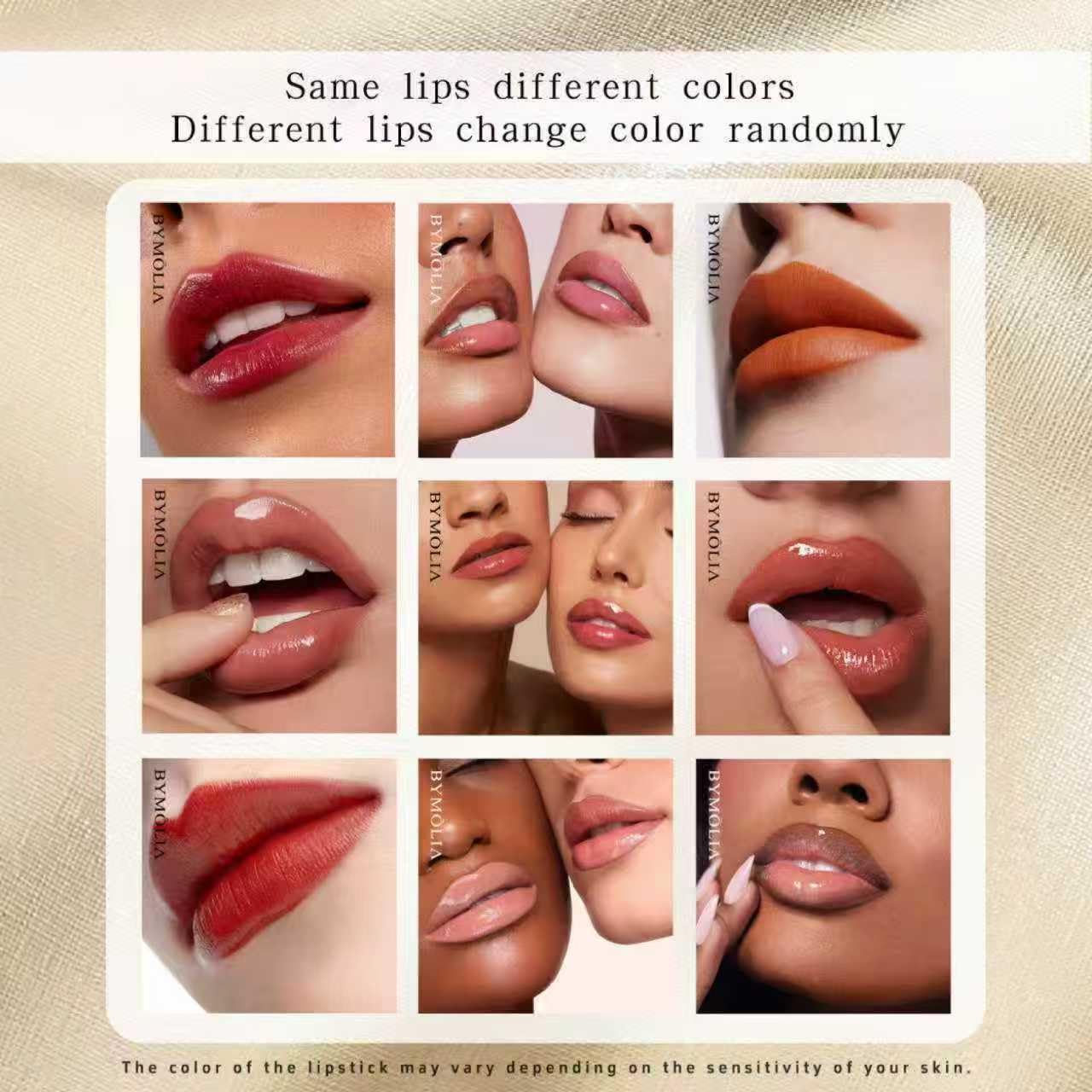 BYMOLIA Labial con oro 24k infundido para brillo sutil.