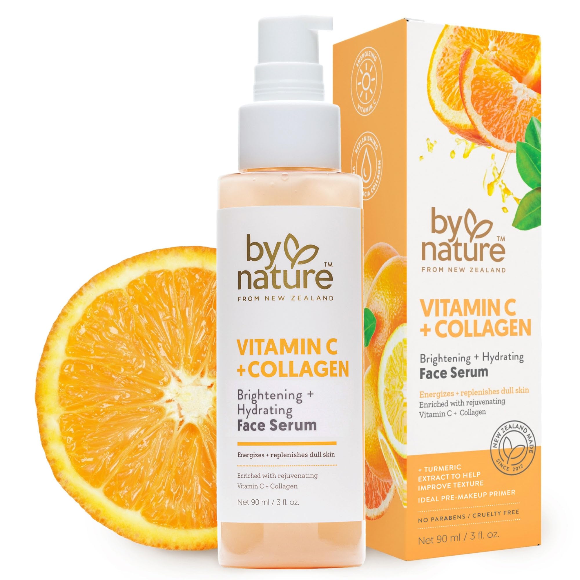 By Nature suero facial de vitamina C y colágeno, botella con gotero, ayuda a lograr brillo y firmeza.