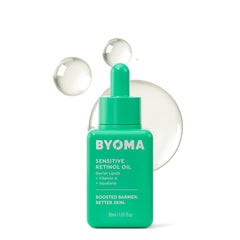 BYOMA Aceite retinol sensible en botella, aplicación suave para piel sensible.